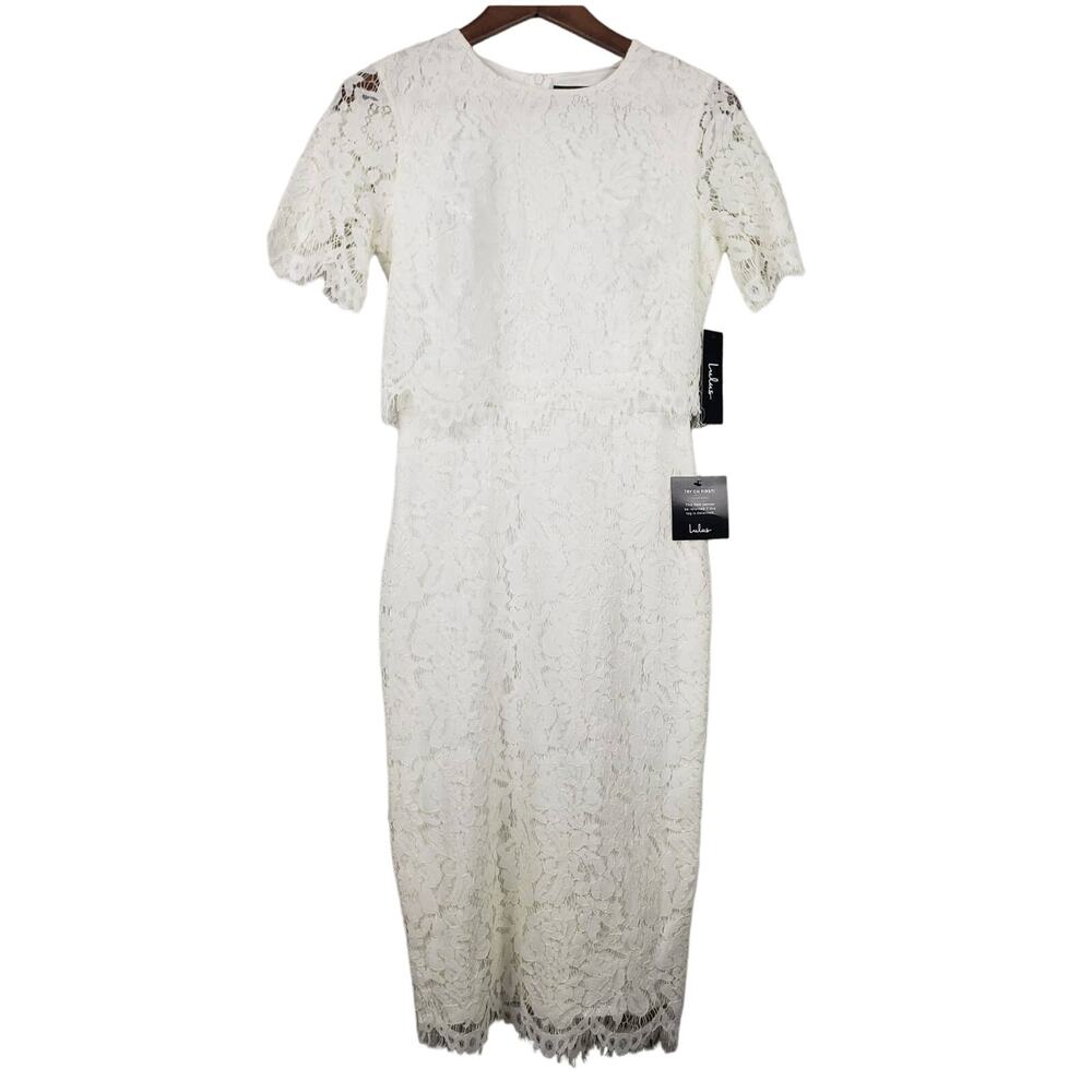 Lulu's White Lace Midi Dress Two Tiered Knee Length